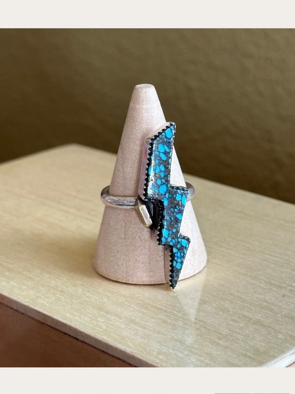 Gibbsite Turquoise & Pyrite Lightning Bolt Statement Ring - Size 7